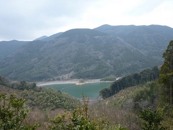 P1010773伐採地から貯水池と狩音山.JPG